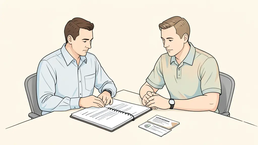 Editorial photograph of a manager and coach reviewing a confidential development plan at a meeting table, with a notebook and feedback cards, no text, no logo