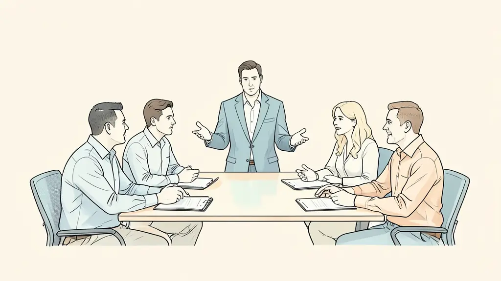 Editorial photograph of a manager asking questions during a team meeting, with colleagues discussing decision boundaries around a table, no text, no logo