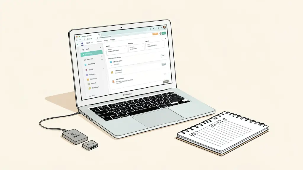 A professional home office setup with a laptop showing a project management dashboard, a notebook with a checklist, and a secure VPN hardware key on the desk, editorial style, natural lighting