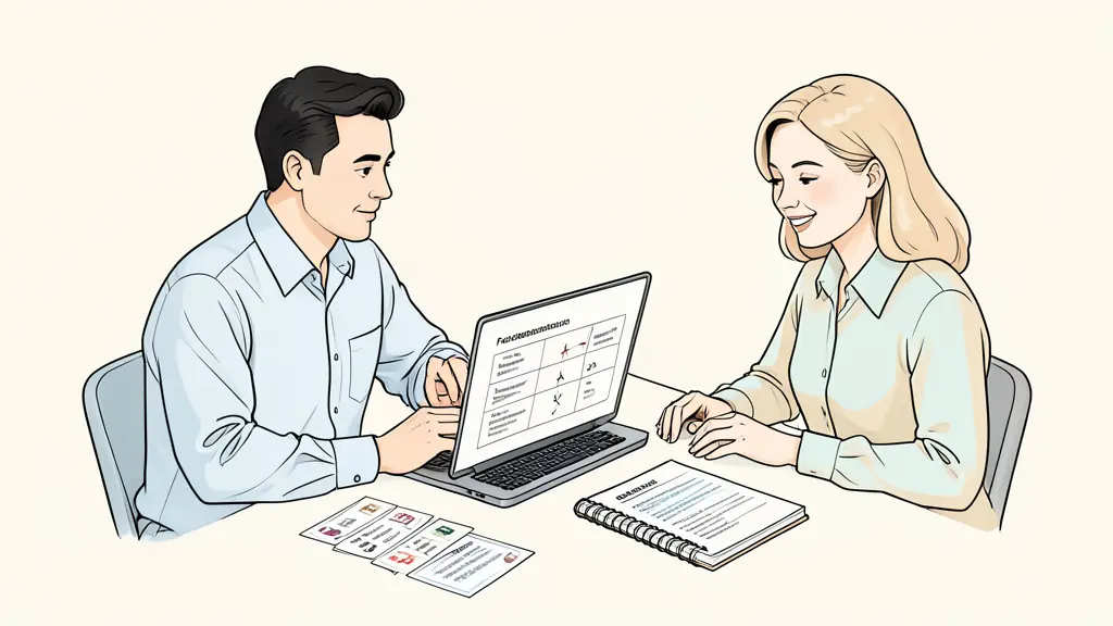 Editorial photograph of a manager and a team member reviewing a four-level delegation matrix on a laptop, decision cards and a project notebook on the table, no text, no logo