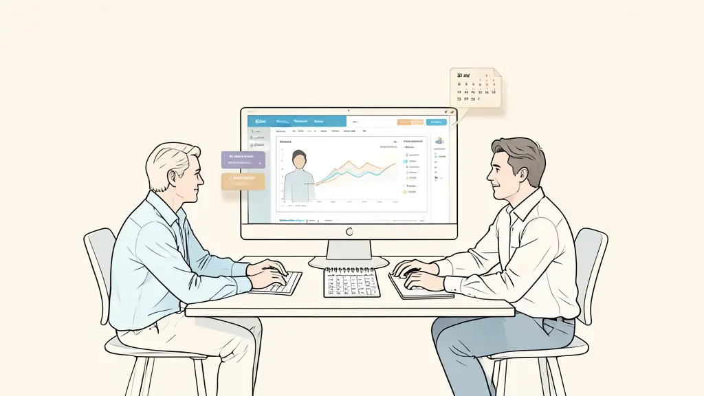 Editorial photograph of a hybrid team reviewing a human and business dashboard on a screen, colored workload cards and a 30-day calendar visible on the meeting table, no text, no logo