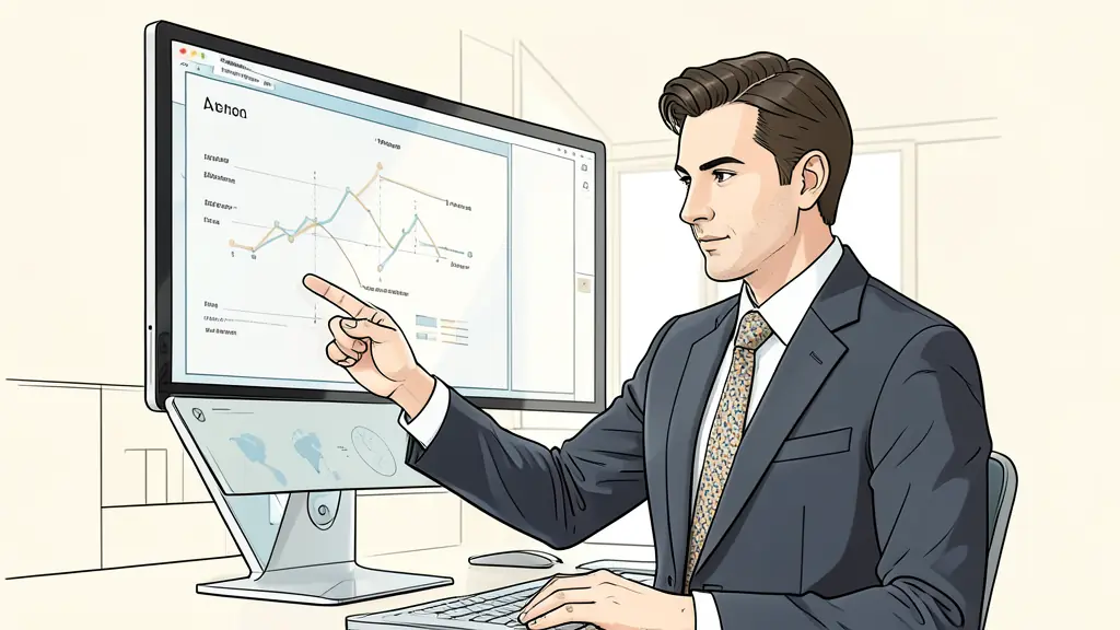 A professional executive in a modern office, looking at a strategic roadmap on a screen, focused expression, high-end corporate environment, natural light