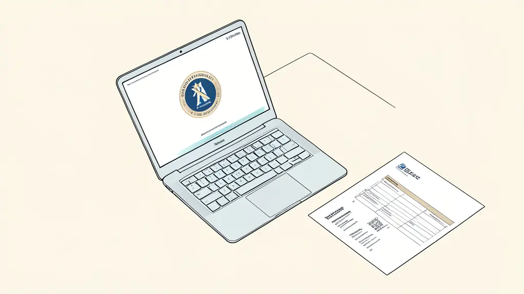 A professional desk with a laptop showing a certification logo and a corporate funding application form, editorial style, high angle shot