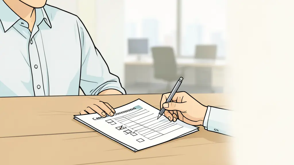 A professional manager reviewing a certification document on a wooden desk, blurred background of a modern office, focus on a checklist with a pen