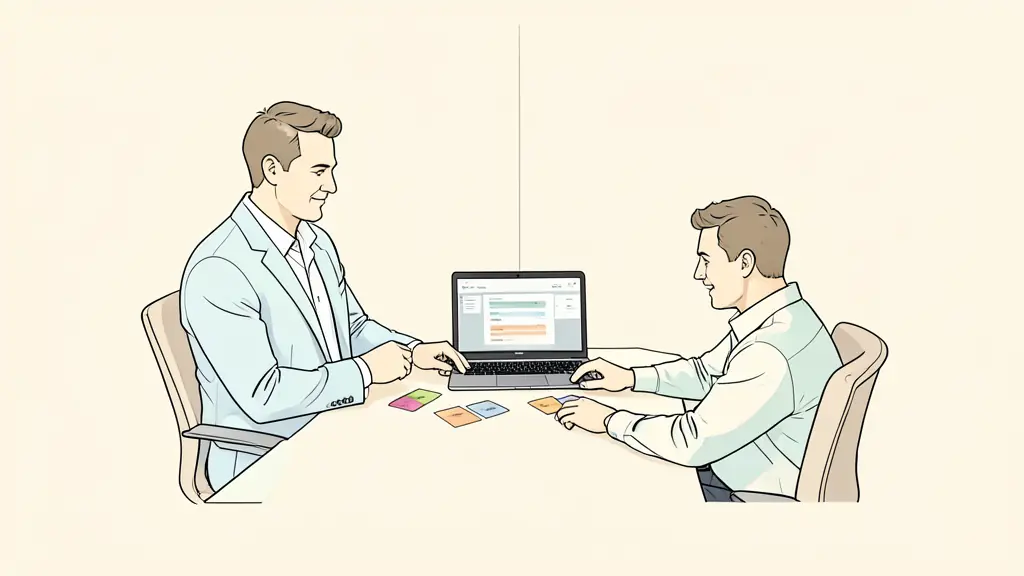 editorial photograph of a manager and team arranging color-coded cards beside a laptop dashboard, modern meeting room, no visible text or logos