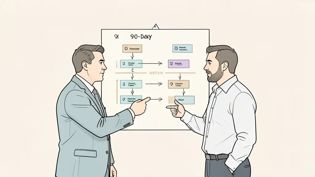 editorial photograph of two managers reviewing a 90-day action plan with weekly markers and feedback cards, quiet office, no readable text or logos