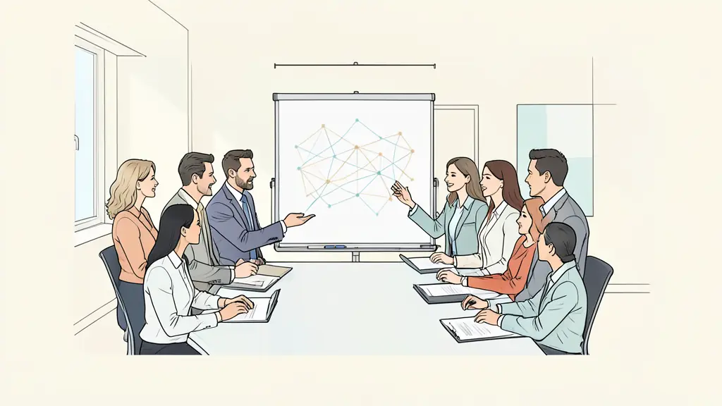 A professional business meeting in a modern office, focus on a diverse group of managers collaborating around a whiteboard with a network map, editorial style, natural lighting