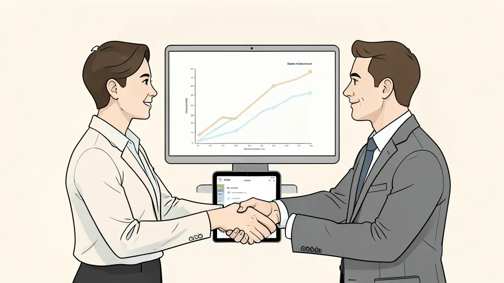 A professional interview scene in a modern office, a candidate and a manager discussing a growth chart on a screen, focus on a handshake and a digital tablet showing a CRM dashboard