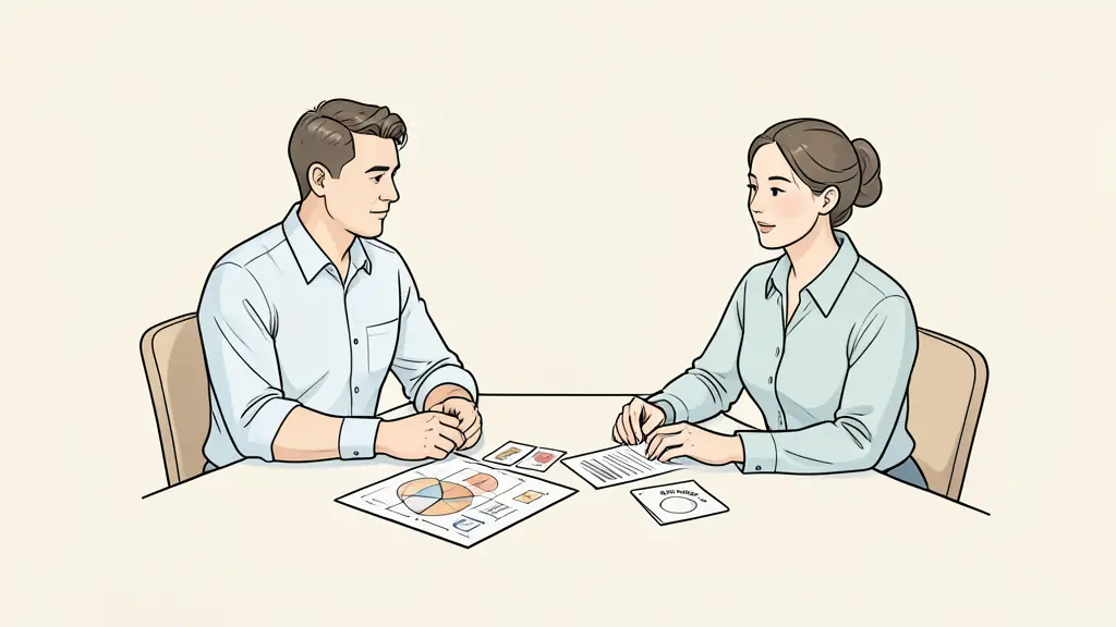 Editorial photograph of a manager and an experienced employee reviewing project milestones at a table, with a risk matrix and decision cards visible, no readable text, no logo