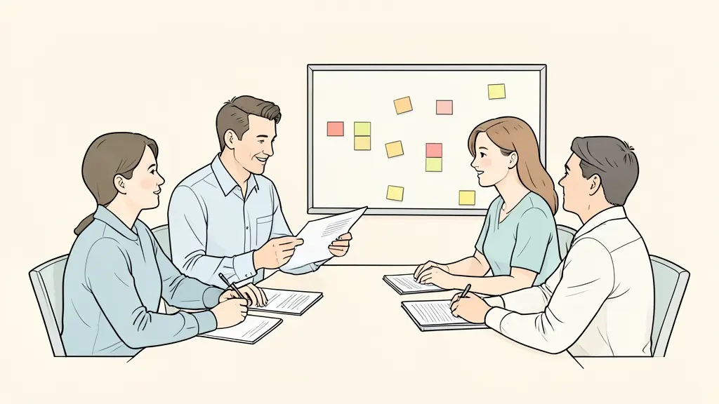 Editorial photograph of a small team in a concise weekly meeting, a manager holding one-to-one notes and a retrospective board with colored sticky notes, no readable text, no logo