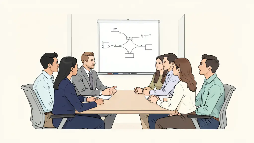 A professional office meeting room where a diverse team is sitting in a circle, focused and listening intently to one colleague, with a whiteboard in the background showing a simple flow-chart of a rhythmic sequence, editorial style, natural lighting